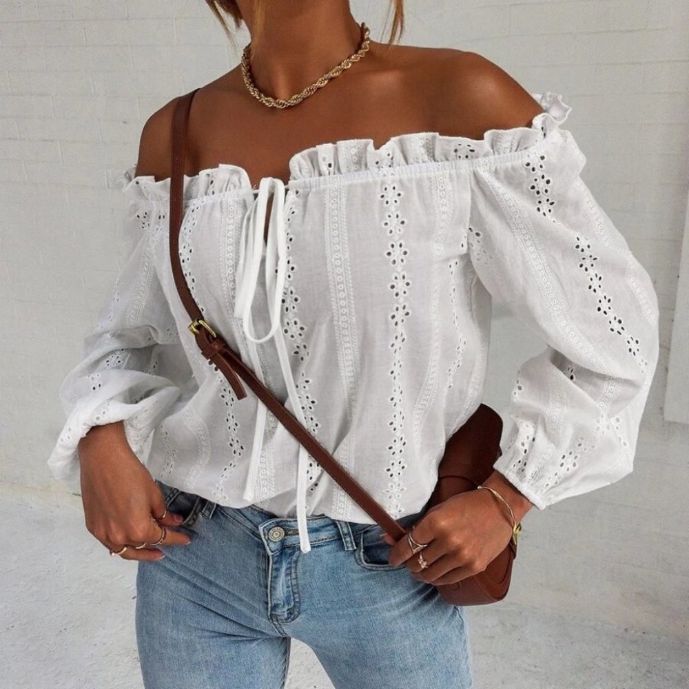 Off Shoulder Knot Front Lantern Sleeve Schiffy Blouse - Picture 2 of 6